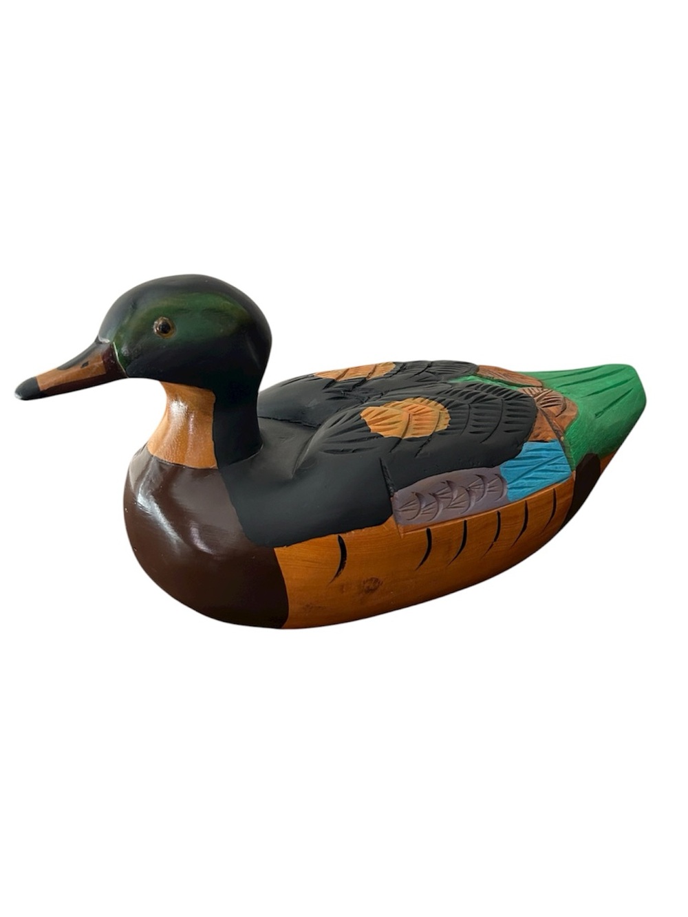 VTG Hand Carved Wooden Mallard Duck Green, Black, Brown Decoy Folk Art Sculpture